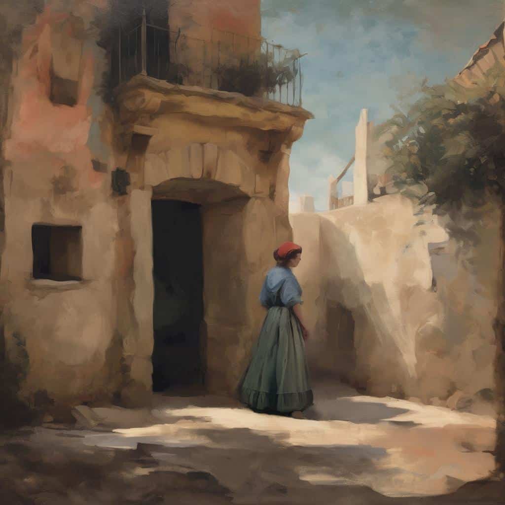 Παραδοσιακός οικισμός με γυναίκα σε σκηνή ηρεμίας και ενσυναίσθησης, αστικό τοπίο, εμπνευσμένο από την αναζήτηση του αθέατου νοήματος.