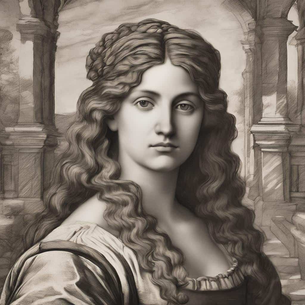 Αγγελική μορφή σε αιγυπτιακό στυλ με γοητευτικά σγουρά μαλλιά και μνημειακή διάθεση, αρχαίο περιβάλλον, μυστήριο και νοήματα.